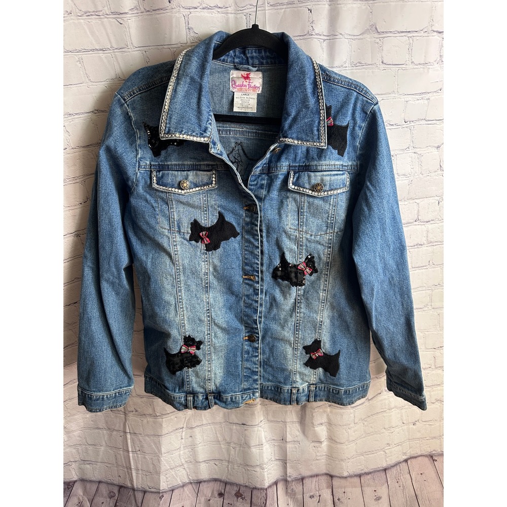 Quacker Factory Denim‎ Jacket Scottie Dog Rhinestone Embellished Jean Jacket L